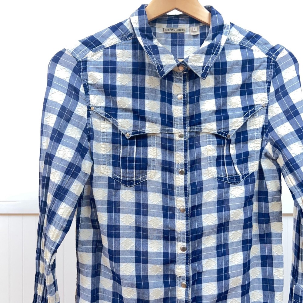Holding Horses Shirt Western Cowgirl Country Farm Blue Plaid Snap Check Wmns S